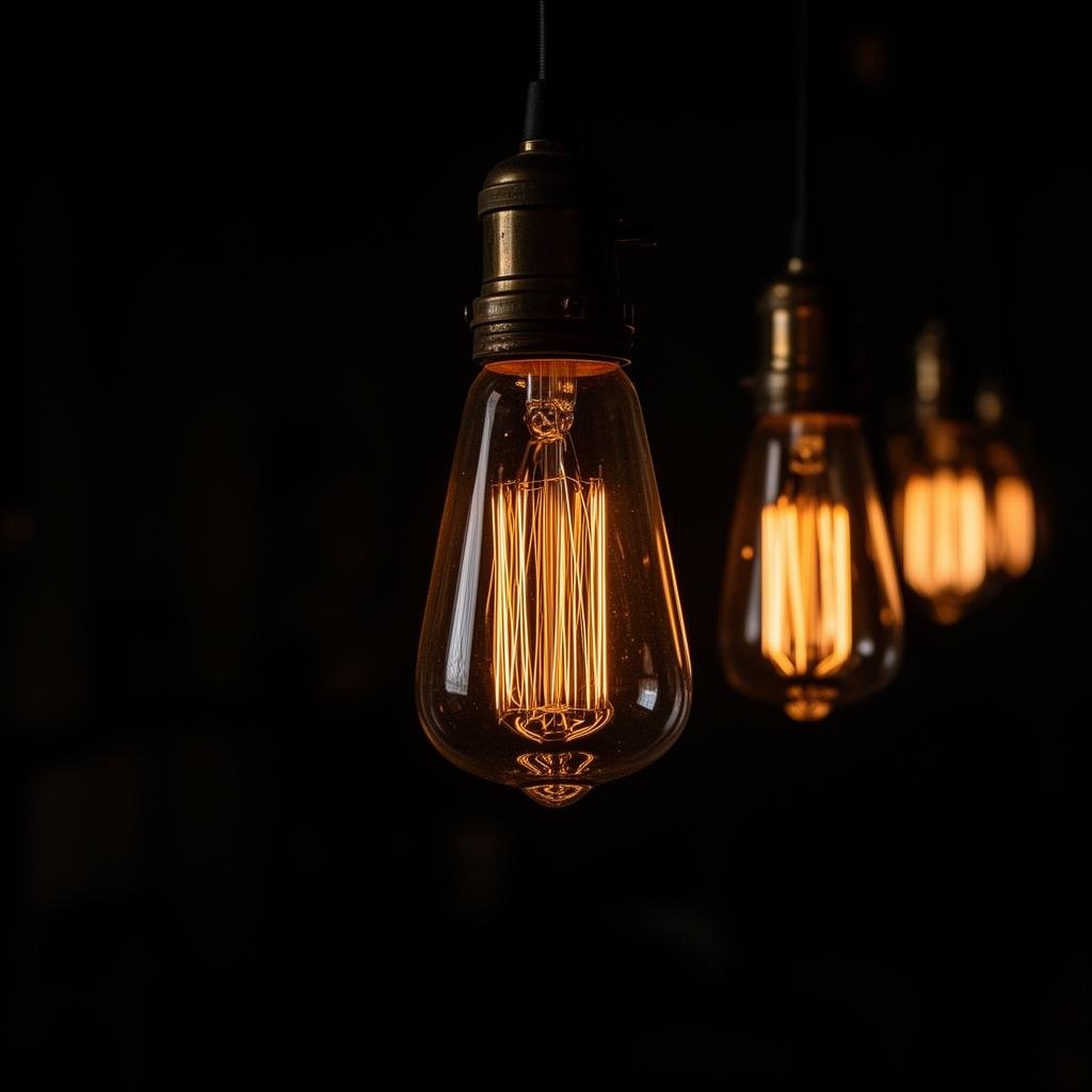 Vintage Edison filament bulbs glowing in a dark room